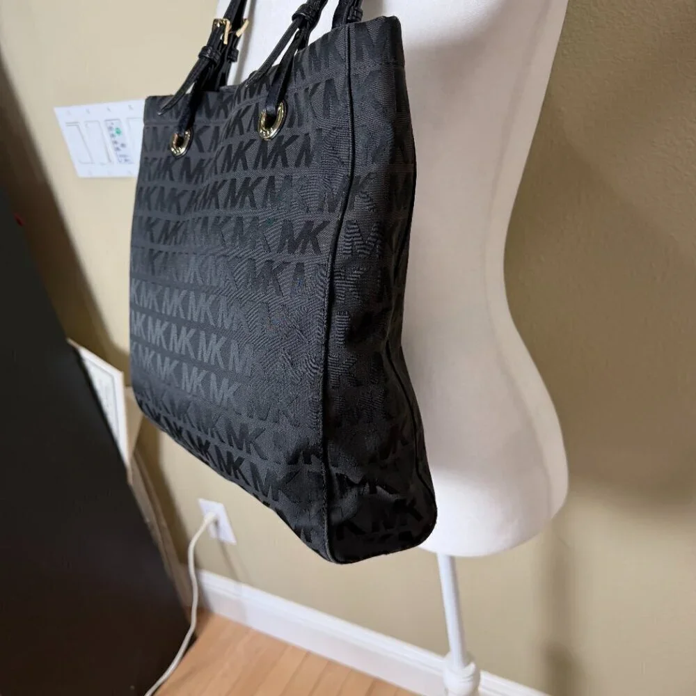 Michael Kors Black Leather Monogram Jet Set Grab Shoulder Tote Bag